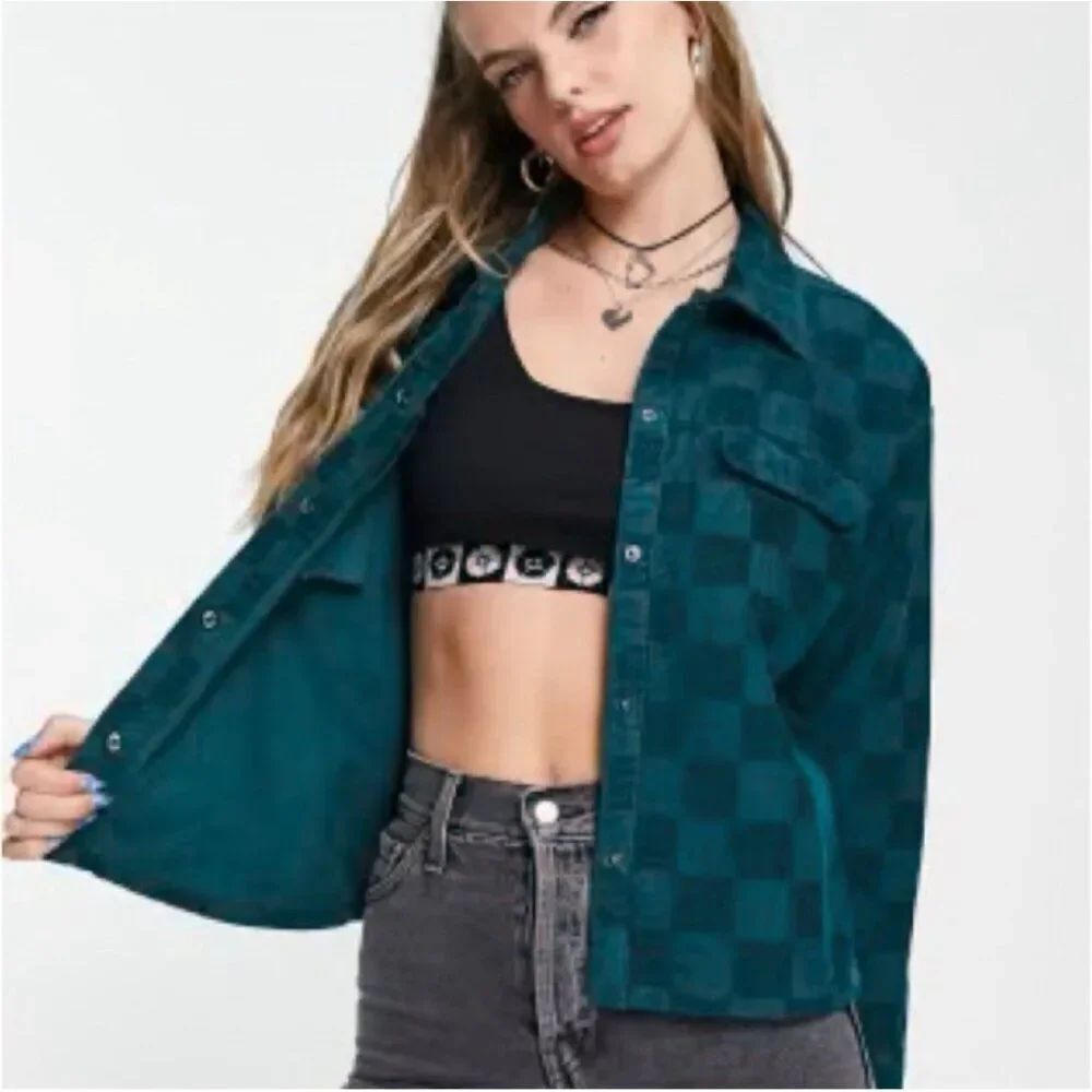 vans Women’s corduroy teal Blue Green Checked Long Sleeve Jacket Small